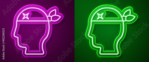 Glowing neon line Pirate captain icon isolated on purple and green background. Vector.
