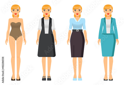 Cartoon characters. Woman blond with short haircut wearing different clothes. Girl in underwear. Businesslady wear business and home dress, skirt and blouse, office suit with jacket. Set of clothes