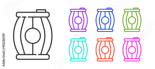 Black line Gun powder barrel icon isolated on white background. TNT dynamite wooden old barrel. Set icons colorful. Vector.