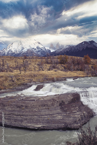 Rio Paine waterfalls in the Torres del Paine National Park, Patagonia, Chile, South America photo