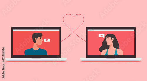 online dating concept, young couple with long distance relationship and virtual love on social networking on laptop screen, vector flat illustration
