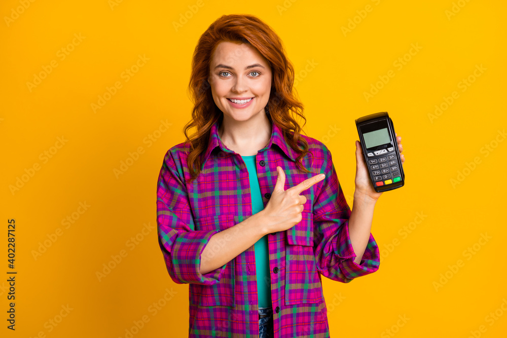 Portrait of curly hairstyle lady direct finger terminal wear checkered purple isolated on yellow color background Portrait of curly hairstyle lady direct finger terminal wear checkered purple isolated on yellow color background