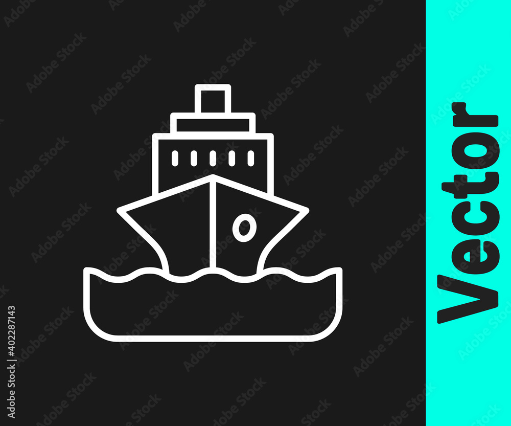White line Cruise ship icon isolated on black background. Travel tourism nautical transport. Voyage passenger ship, cruise liner. Worldwide cruise. Vector.