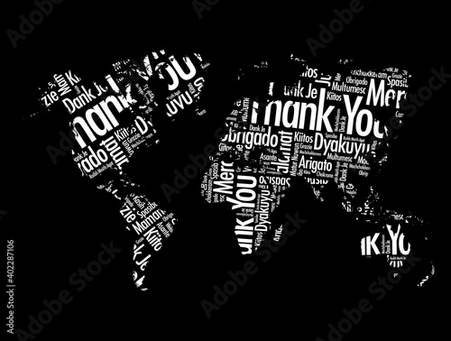 Thank You in many languages World Map in Typography word cloud, multilingual for education