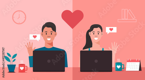 man and woman video calling to each other for online dating on their laptop at home, couple and relationships concept, vector flat illustration