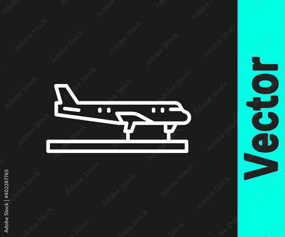 White line Plane icon isolated on black background. Flying airplane icon. Airliner sign. Vector. White line Plane icon isolated on black background. Flying airplane icon. Airliner sign. Vector.