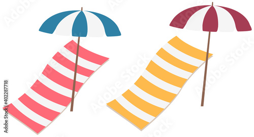Beach towels and umbrellas isolated on white background. Items for recreation at sea or ocean. A pair of beach accessories vector illustration. Striped pads for lying on the sand under parasols