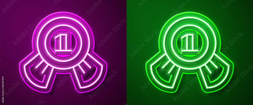 Glowing neon line Medal icon isolated on purple and green background. Winner symbol. Vector.