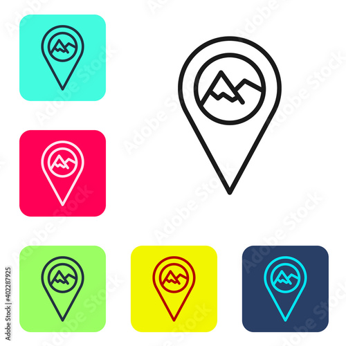 Black line Map pointer with mountain icon isolated on white background. Mountains travel icon. Set icons in color square buttons. Vector.