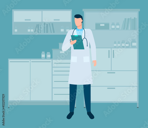 Handsome guy is standing with a stethoscope and a clipboard. Doctor is working with data in hospital. Man in a medical gown reads patient information. Male therapist spends time in medical institution