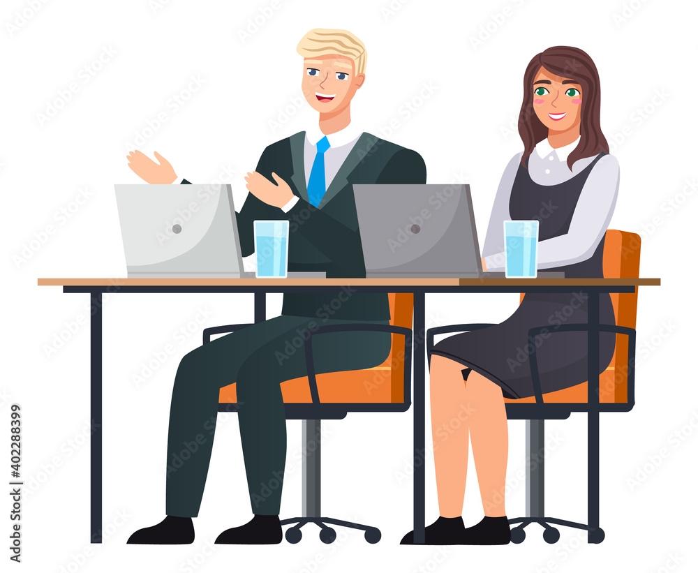 Office staff, work and communication. Head and subordinates. Various workers, managers team. Business employees on their workspace. Office workers. Co-workers. Colleagues discuss project teamwork