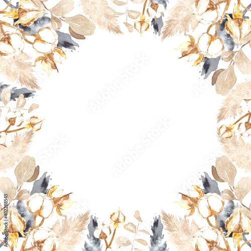 Watercolor square background of dried flowers of dark color and cappuccino color. Perfect for wedding printing, web design, various souvenirs and other creative ideas.