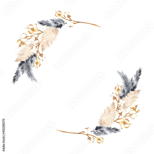Watercolor round frame of pampas grass in dark color and cappuccino color, eucalyptus branches and dry cotton twigs. Ideal for wedding printing, web design, various souvenirs and other creativity.
