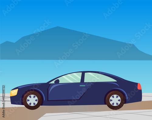 Traveling on car vector  automobile riding on road by seaside with mountains silhouette. Transportation  auto by seashore  driving vehicle at street illustration in flat style design for web  print