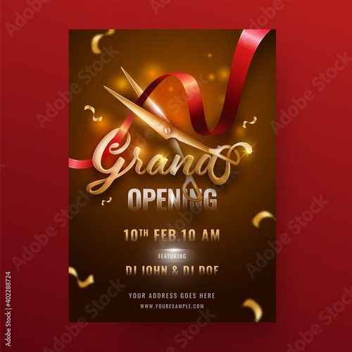 Grand Opening Flyer Design With Golden Scissors Cutting Ribbon And Event Details.