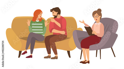 Fototapeta Naklejka Na Ścianę i Meble -  Family psychotherapy. Conversation between man and woman and female psychologist or psychotherapist. A couple of people quarrels. Angry man yells at girl. Girl is raising her hands in indignation