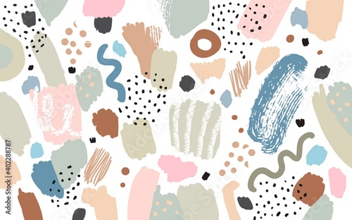 Contemporary pattern. Naive art. Brush, marker, highlight stroke. Abstract background. Vector artwork. Memphis vintage retro style. Beige, grey, pink, green, black, blue, white colors.