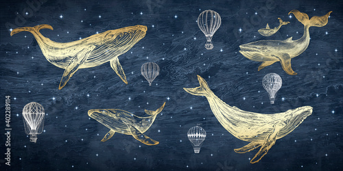 Photos photo wallpaper golden whale on the background of space
