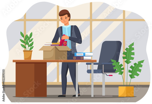Layoff concept. Boss dismissed employee. Unhappy fired man leave the office with things in boxes. Unemployment dismissal of fellow workers. Crisis, jobless and employee job reduction concept