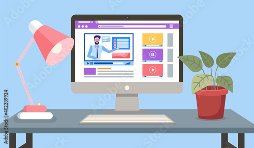 Online education, training or e-learning concept. Website for education and business courses. Smiling man in glasses presenting distance learning services using internet, computer with video player