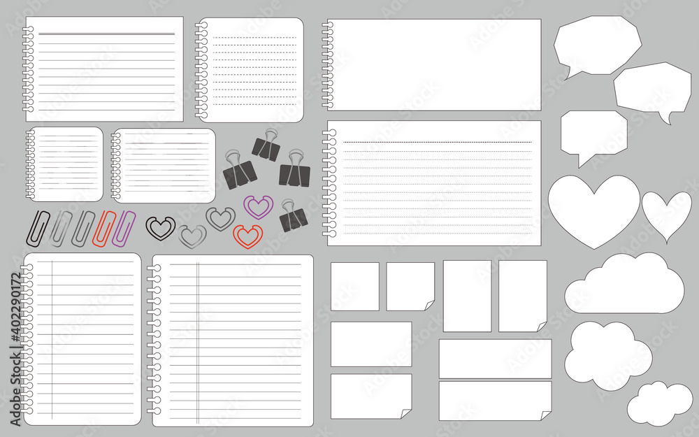 Business and work concept. note books, memo papers, stickers and crips illustration. Set of memo and stationery icons. Vector illustration. メモ紙、ノート、付箋、クリップイラスト、文具類イラスト、カラフル付箋イラスト、お仕事文具類 Business and work concept. note books, memo papers, stickers and crips illustration. Set of memo and stationery icons. Vector illustration. メモ紙、ノート、付箋、クリップイラスト、文具類イラスト、カラフル付箋イラスト、お仕事文具類