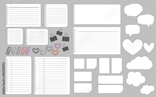 Business and work concept. note books, memo papers, stickers and crips illustration. Set of memo and stationery icons. Vector illustration. メモ紙、ノート、付箋、クリップイラスト、文具類イラスト、カラフル付箋イラスト、お仕事文具類