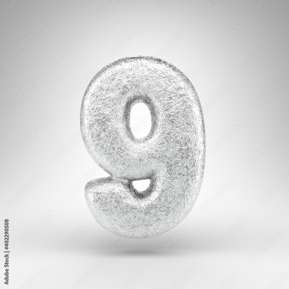 Number 9 on white background. Creased aluminium foil 3D number with gloss metal texture. Number 9 on white background. Creased aluminium foil 3D number with gloss metal texture.