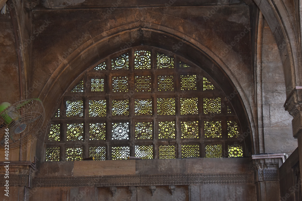 Interior view of Mosque 'Jalli', The Sidi Saiyyed Mosque in Ahmedabad, Gujarat, India