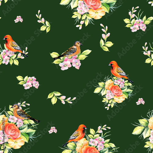 bird and flowers color pencils drawing illustration seamless pattern