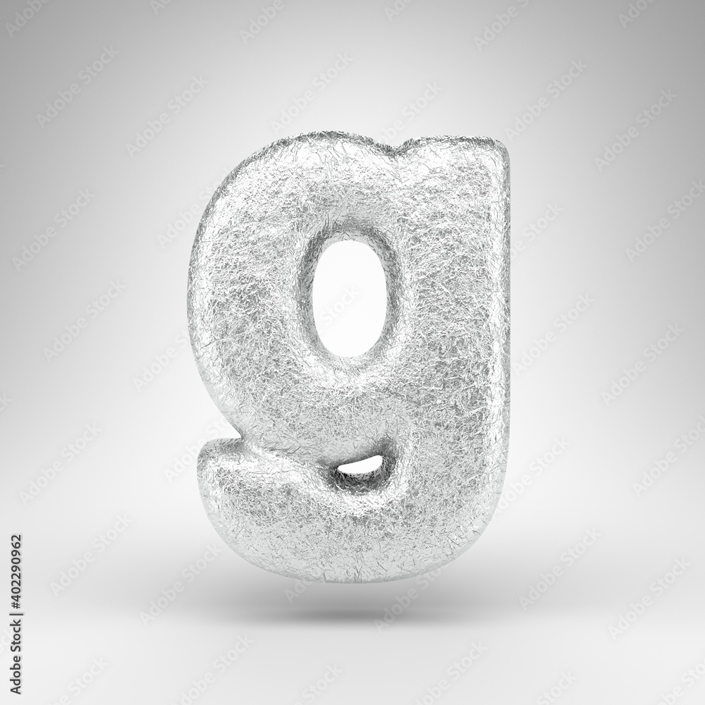 Letter G lowercase on white background. Creased aluminium foil 3D letter with gloss metal texture.