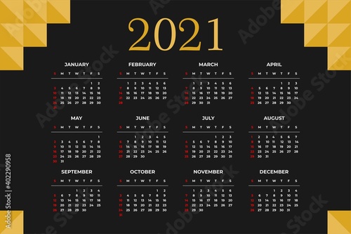 Calendar 2021 Template on A Luxury Theme - Vector Flat Design Illustration. Suitable for Personal, Business or Organization.