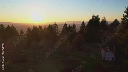 Aerial of fall foliage at sunset