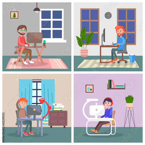 Set of remote work. People working at home, self and time management. Young males freelancers working on laptops and computers. People at home in quarantine. Online study, education. Flat image
