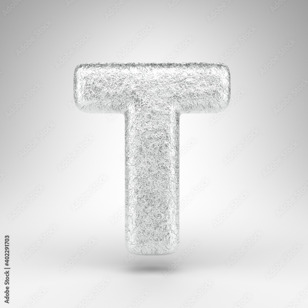 Letter T uppercase on white background. Creased aluminium foil 3D letter with gloss metal texture. Letter T uppercase on white background. Creased aluminium foil 3D letter with gloss metal texture.