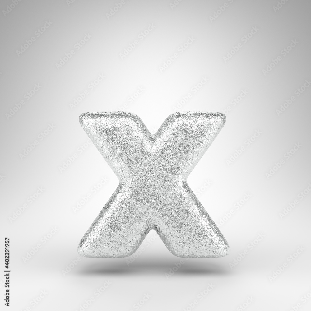 Obraz premium Letter X lowercase on white background. Creased aluminium foil 3D letter with gloss metal texture.