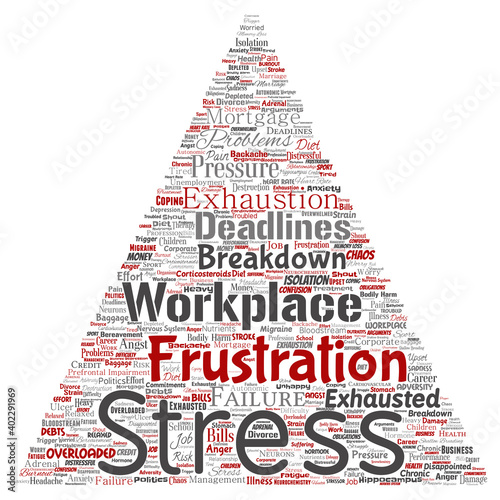Vector conceptual mental stress at workplace or job pressure human triangle arrow word cloud isolated background. Collage of health, work, depression problem, exhaustion, breakdown, deadlines risk