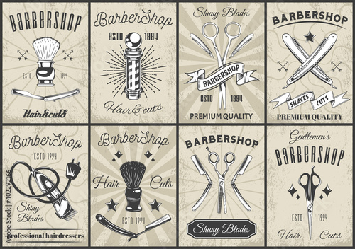 Collection of barbershop design posters. Barbershop tools, instruments, equipment, traditional symbols., signs. Vintage barbershop lettering and text, decorative elements. Making hair and beard style