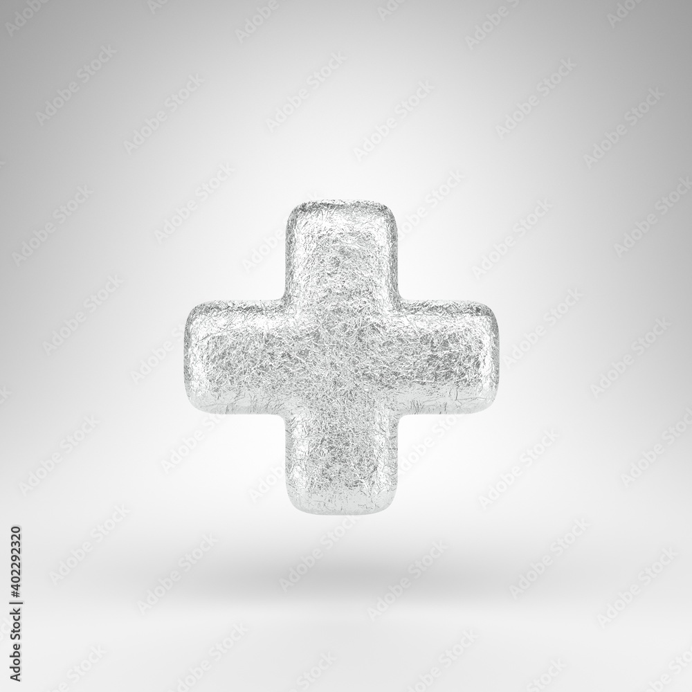 Fototapeta premium Plus symbol on white background. Creased aluminium foil 3D sign with gloss metal texture.