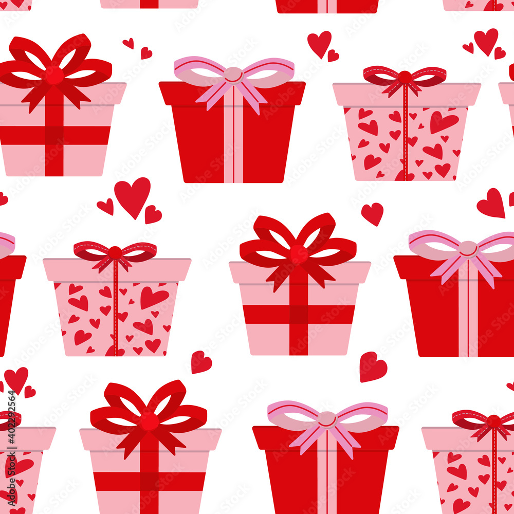 Vector seamless pattern with gift boxes decorated with hearts paper and cute ribbon bow. Cartoon flat style. Background for Valentines day, birthday, wedding, anniversary texture. Romantic backdrop. Vector seamless pattern with gift boxes decorated with hearts paper and cute ribbon bow. Cartoon flat style. Background for Valentines day, birthday, wedding, anniversary texture. Romantic backdrop.