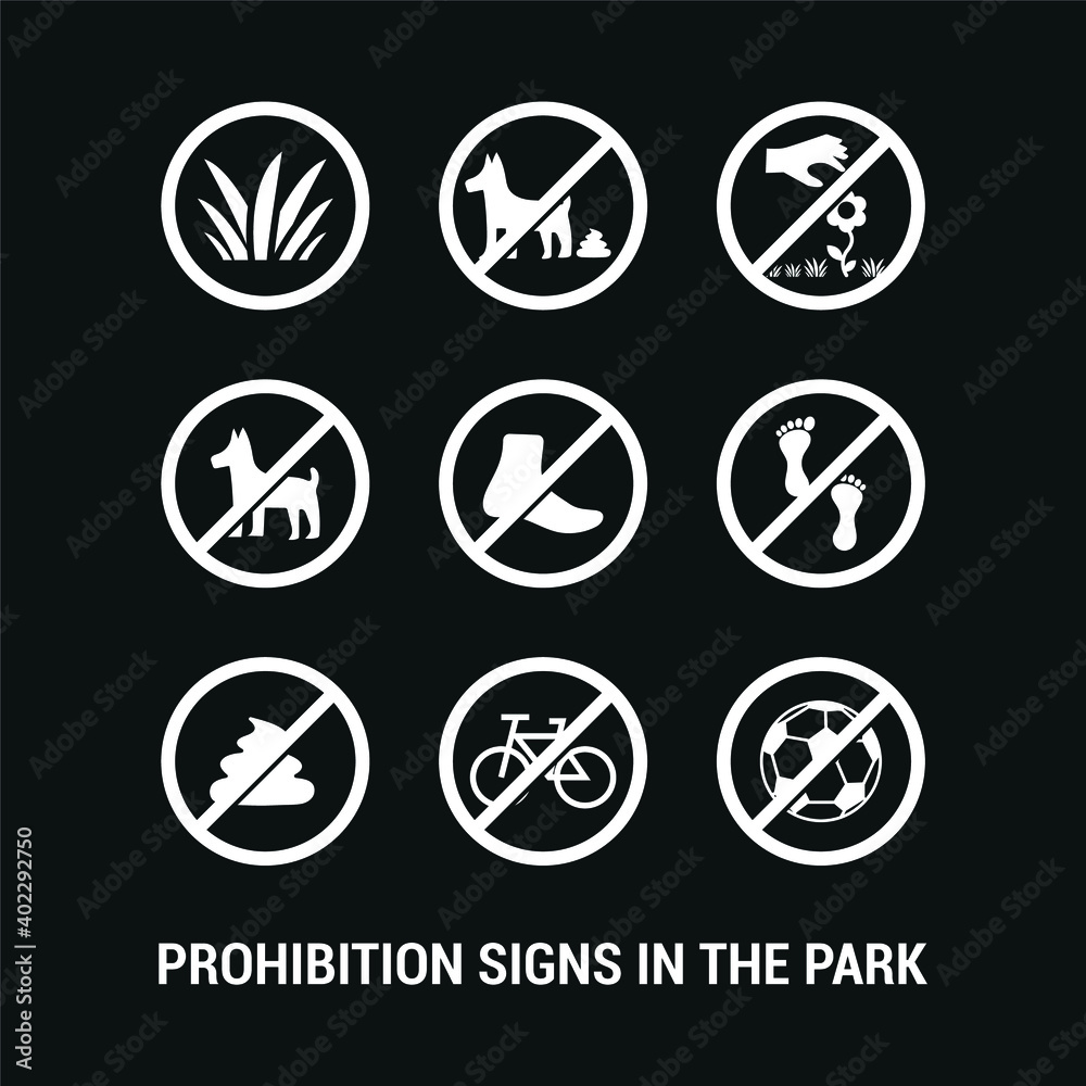 Vector image. Prohibition icons in parks. Forbidden to ride a bike, step on the grass, poop the dog, pick flowers and play ball. Vector image. Prohibition icons in parks. Forbidden to ride a bike, step on the grass, poop the dog, pick flowers and play ball.