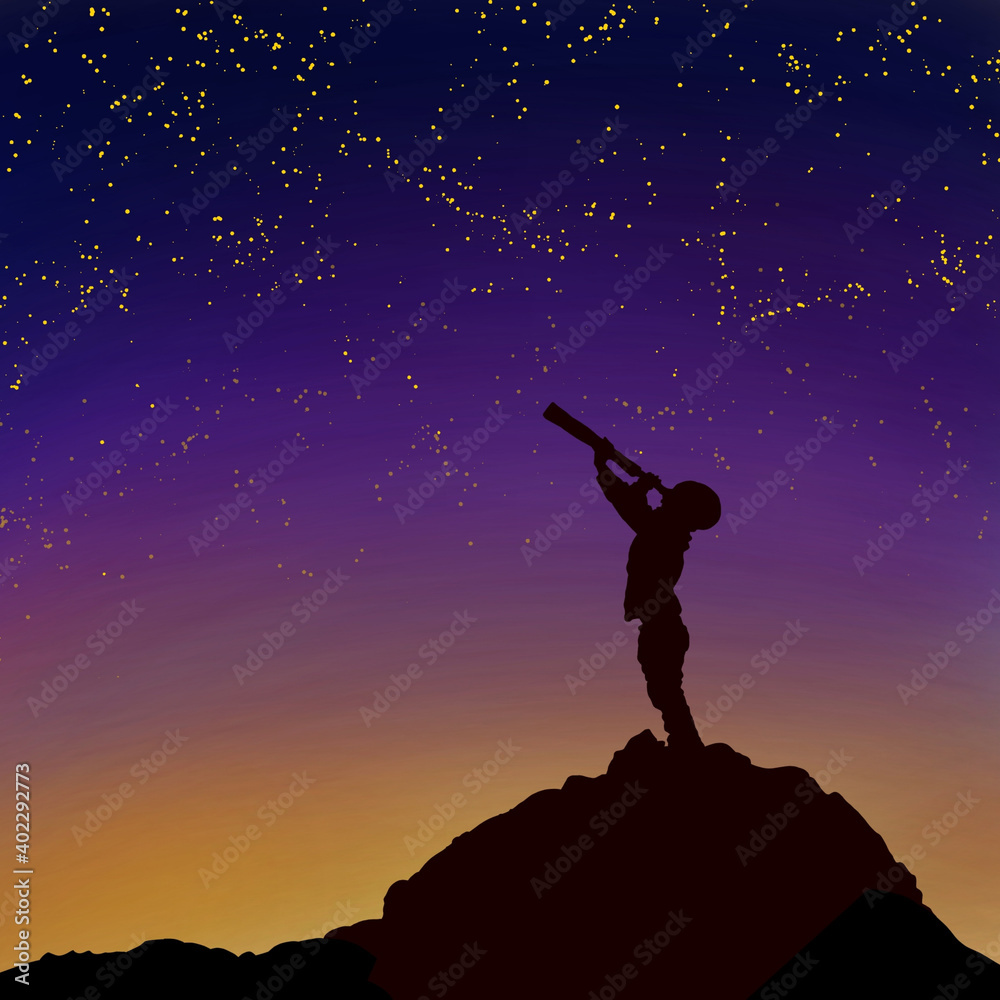 silhouette of a boy looking  stars by telescope  beautiful  walpaper .