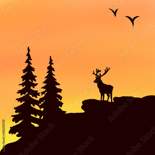 silhouette of reindeer and trees with beautiful clouds . © Animesh