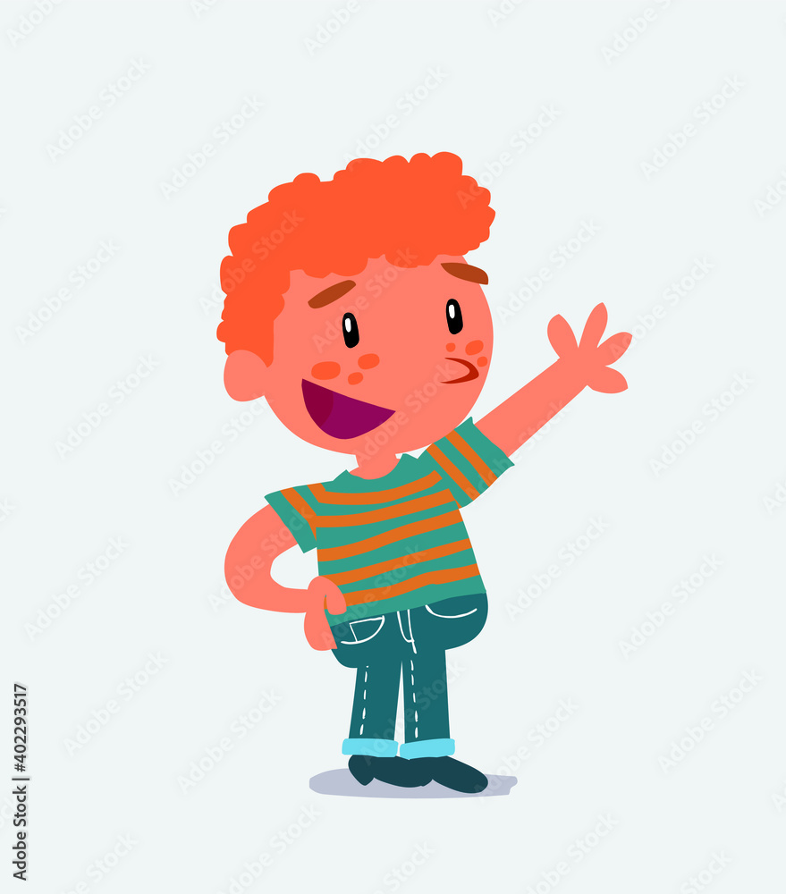 cartoon character of little boy on jeans explaining something while pointing. cartoon character of little boy on jeans explaining something while pointing.