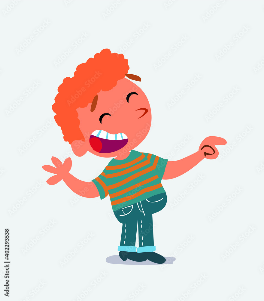 cartoon character of little boy on jeans laughing while pointing. cartoon character of little boy on jeans laughing while pointing.