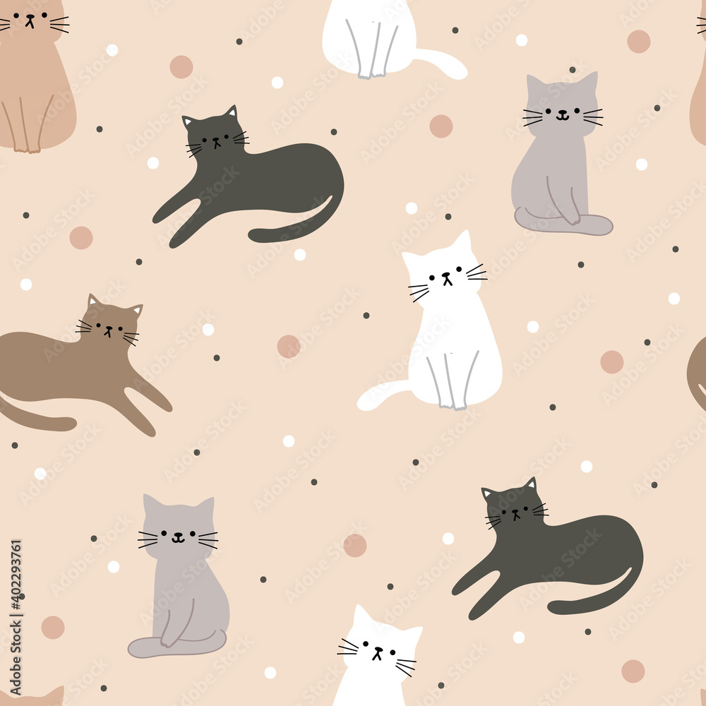 Seamless pattern with cute cartoon cats for fabric print, textile, gift wrapping paper. colorful vector for kids, flat style