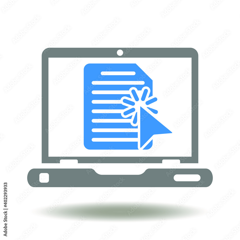 Laptop with file and mouse pointer vector icon. Files management symbol. Electronic Document Database Logo. Laptop with file and mouse pointer vector icon. Files management symbol. Electronic Document Database Logo.