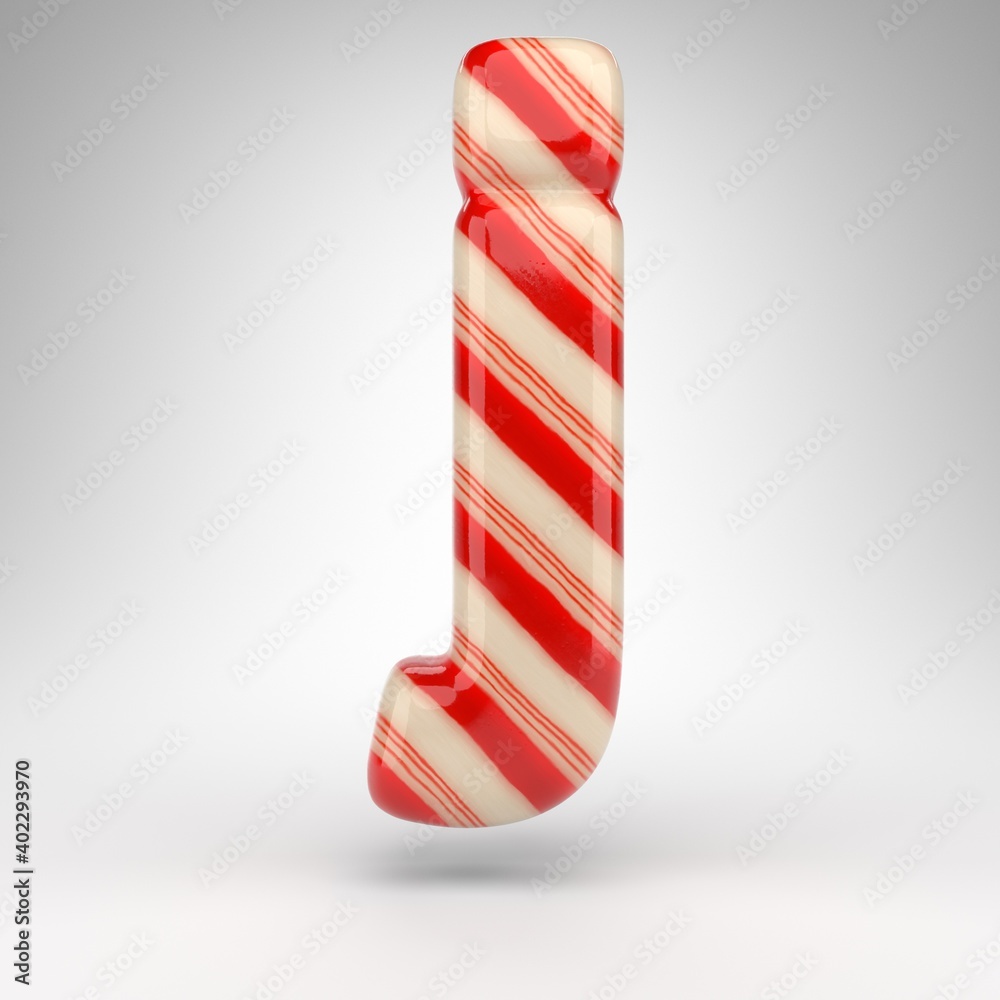 Obraz premium Letter J lowercase on white background. Candy cane 3D letter with red and white lines.
