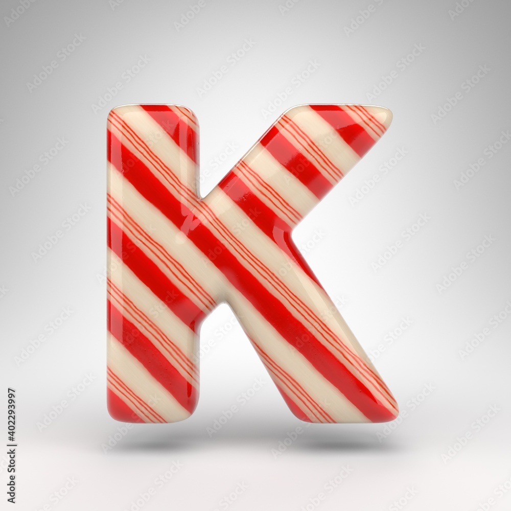 Obraz premium Letter K uppercase on white background. Candy cane 3D letter with red and white lines.