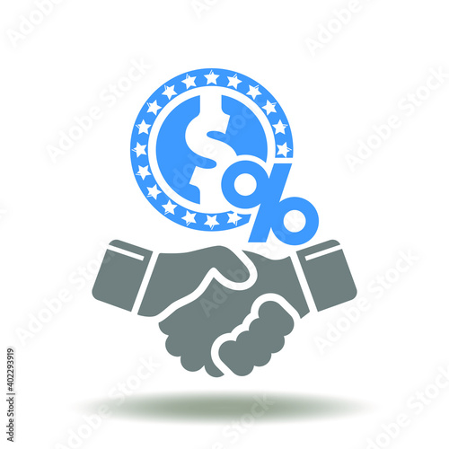 Hand shake with dollar coin and percent vector icon. Peer to peer lending symbol. P2P lender illustration.