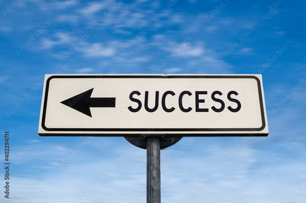 Success road sign, arrow on blue sky background. One way blank road sign with copy space. Arrow on a pole pointing in one direction.